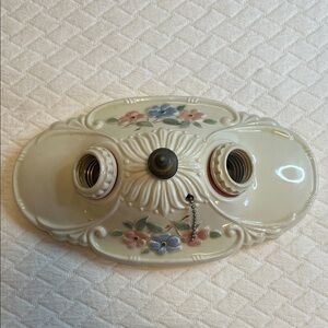 Antique Bathroom Light Fixture, Floral pink & blue on cream ceramic